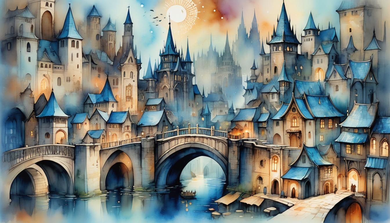 Fantasy City Watercolor with Mystical Symbols