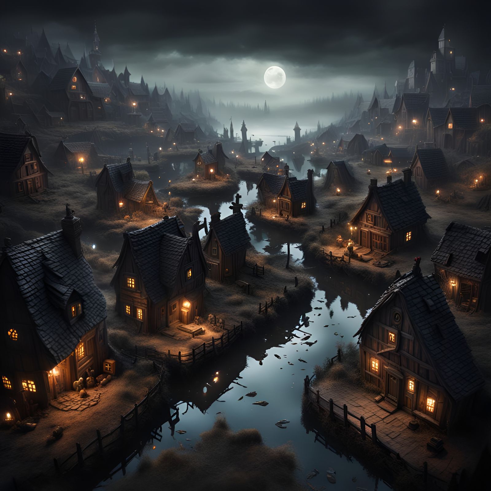 Dark Fantasy Landscape with Toy Village