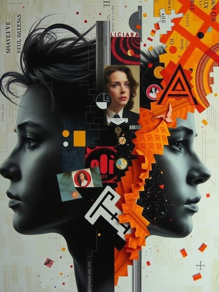 Complex Collage of Fragmented Head in Profile