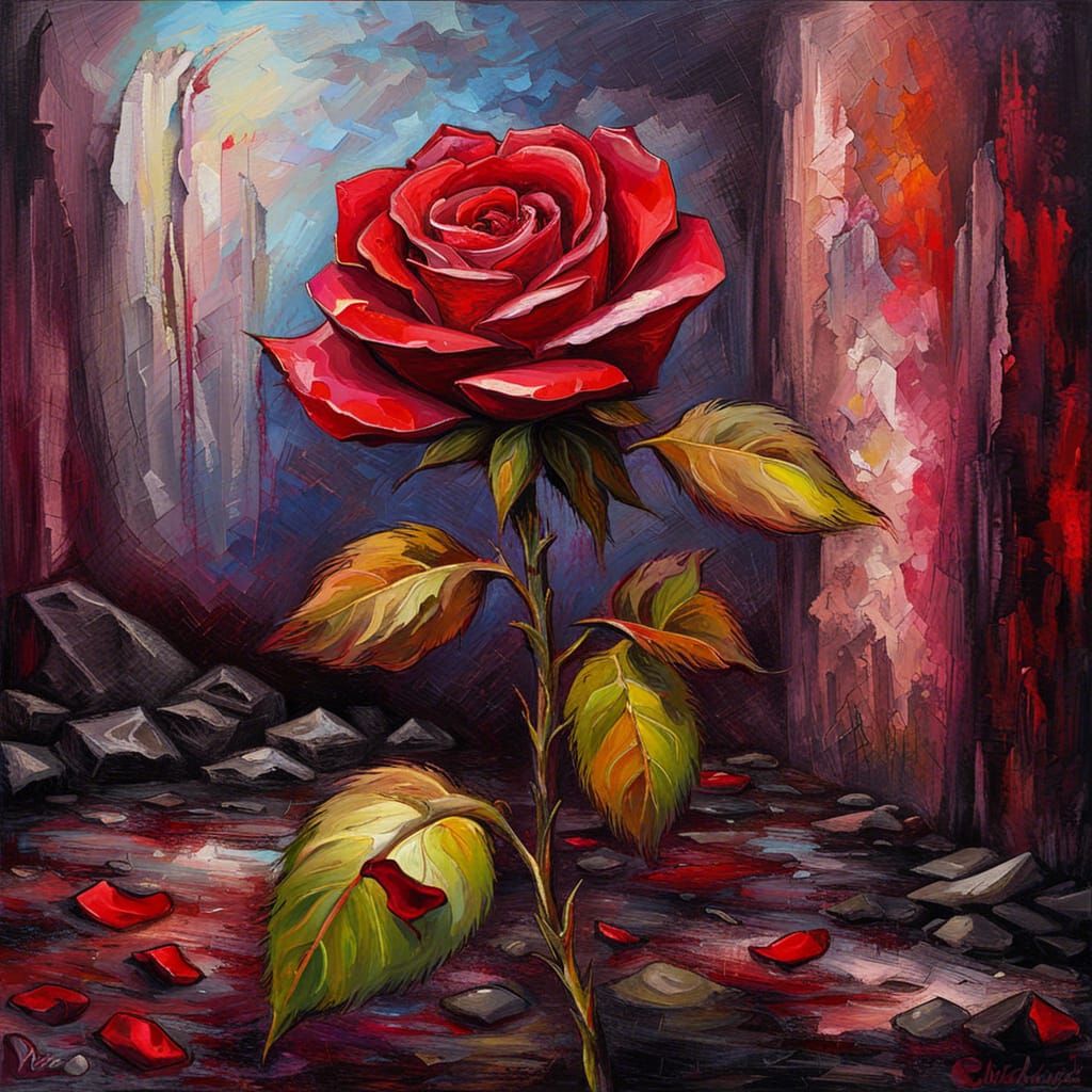 Rose Blooms in Apocalyptic Ruins: Neo-Impressionist Oil Pain...