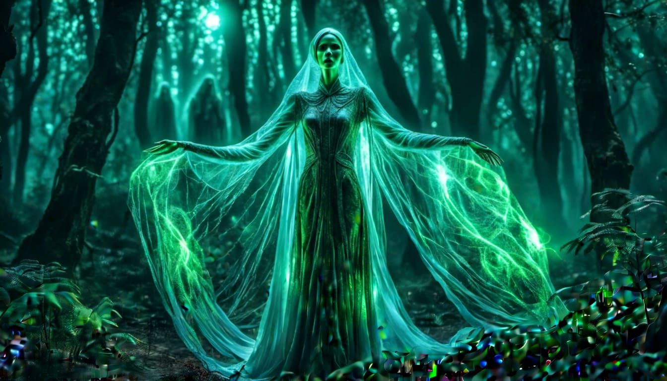Eldritch Alien Sorceress Signals Mothership in Forest