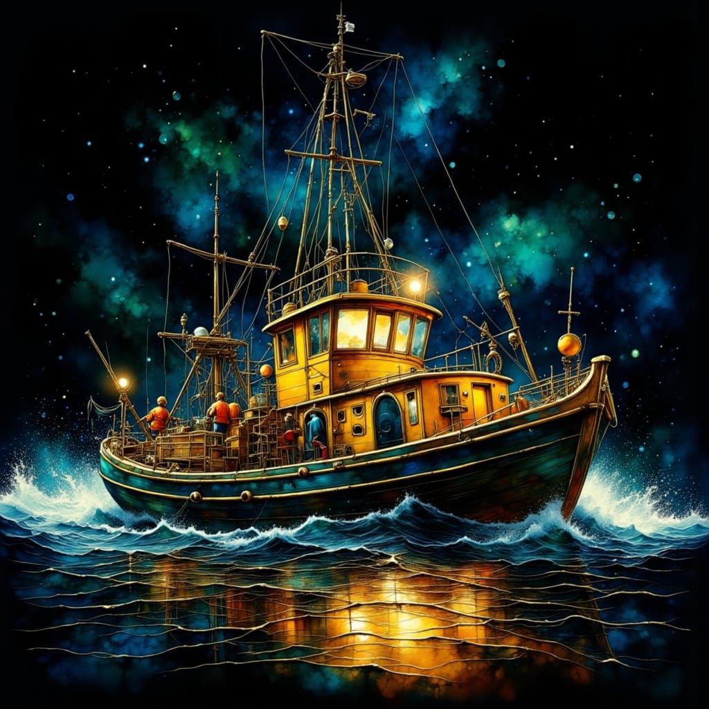 Fishing Boat in Storm: Abstract Ink Style