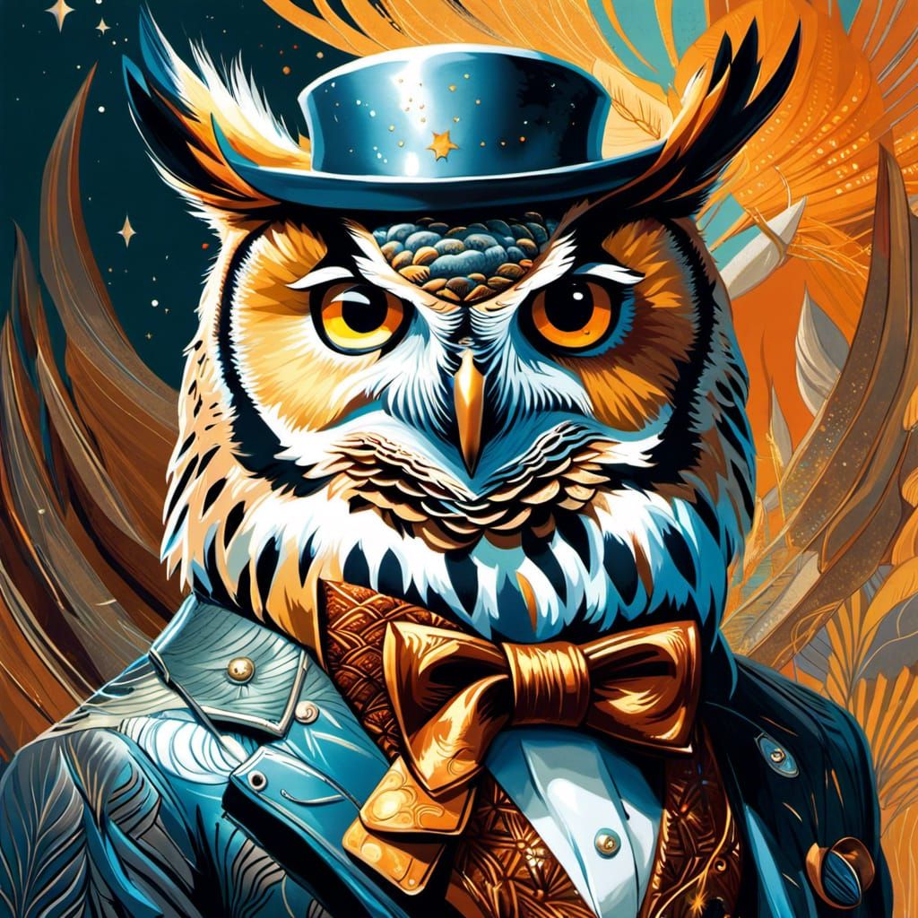 Hipster Owl Portrait in Silver Moonscape
