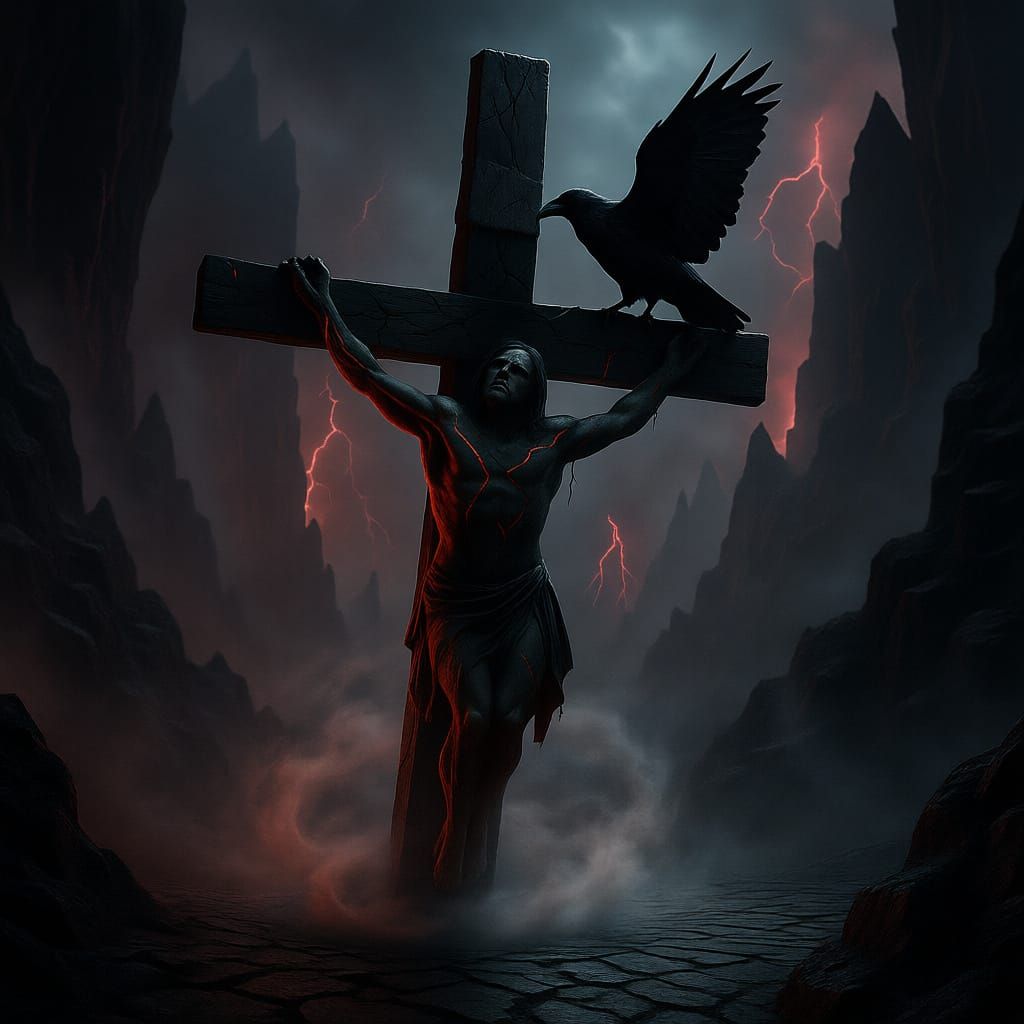 Cinematic Underworld Scene with Figure on Inverted Cross