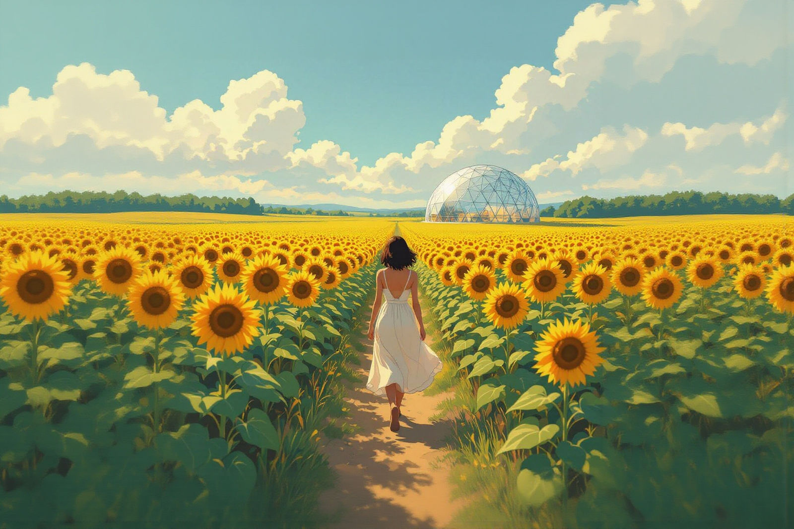Sunflowers and Geodesic Dome in a Bright Field