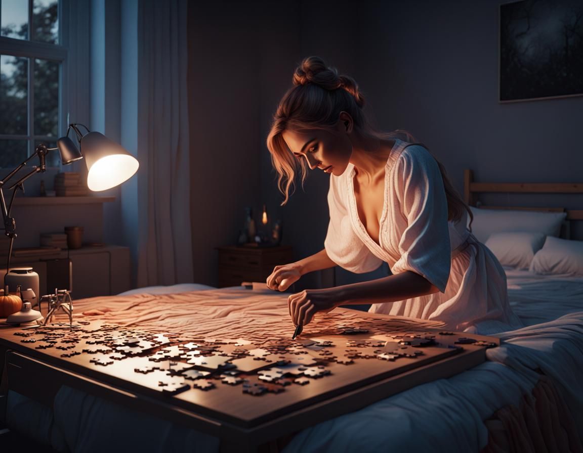 Woman Doing Jigsaw Puzzle in Spooky 3D Rendering