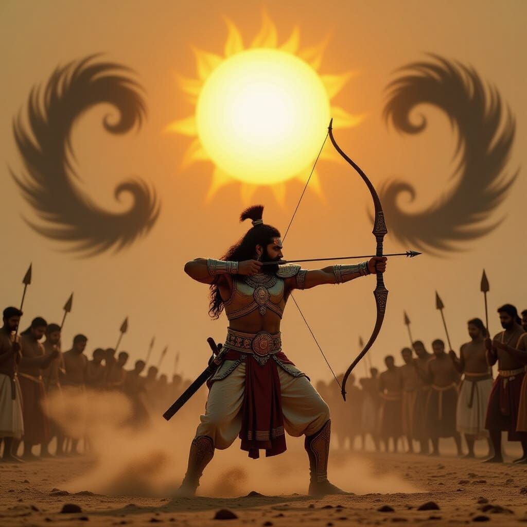 Karna's Last Stand: Epic Cinematic Film Still