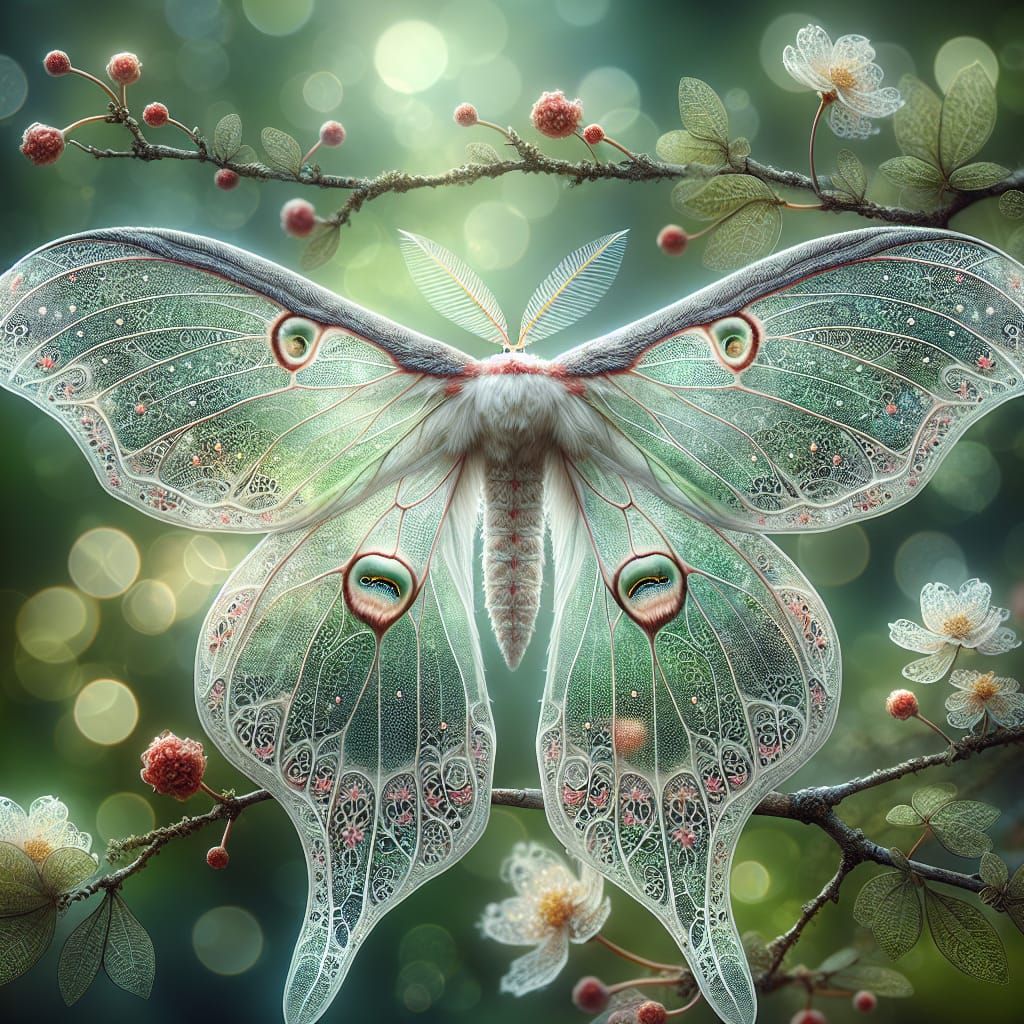 Ethereal Luna Moth Fairy on Flowering Branch