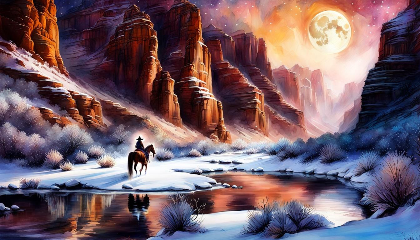 Cowgirl in Snowy Desert Canyon Watercolor Illustration