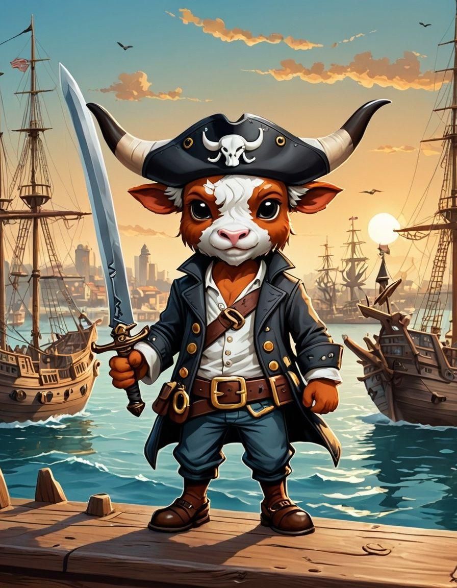 Longhorn Steer as Pirate in Harbor Scene