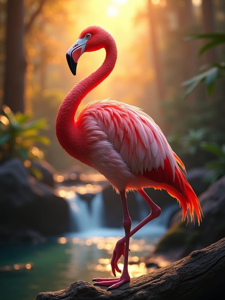 Vibrant Flamingo in Forest at Sunset