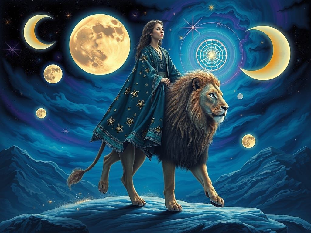 Cosmic Witch Rides Lion in Dreamy Sci-Fi Landscape