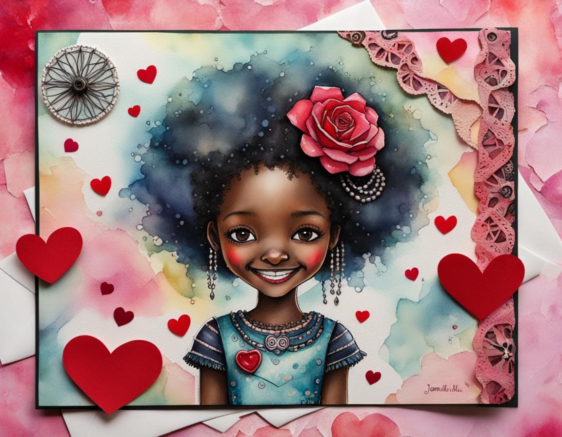 Melanin Cyborg Valentine in Pastel Watercolor Style