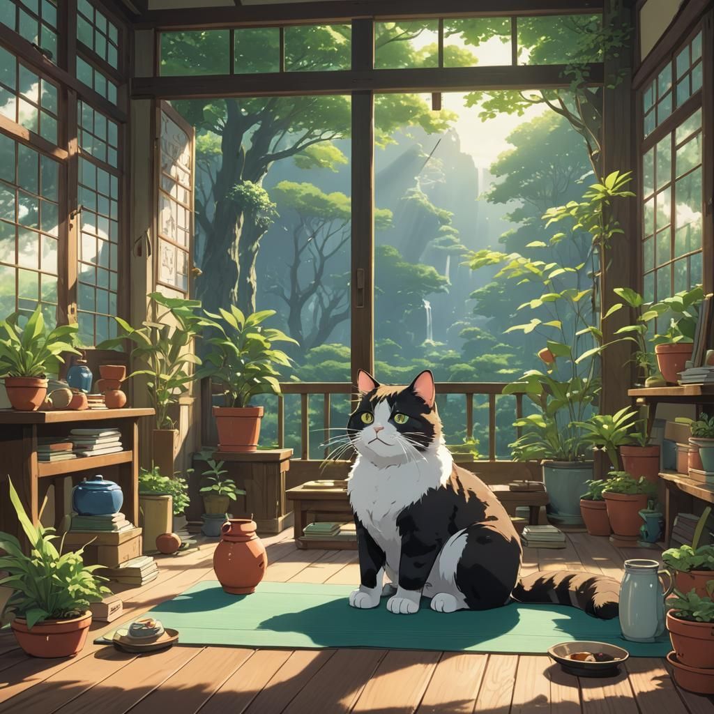 Yoga Cat in Studio Ghibli Anime Style