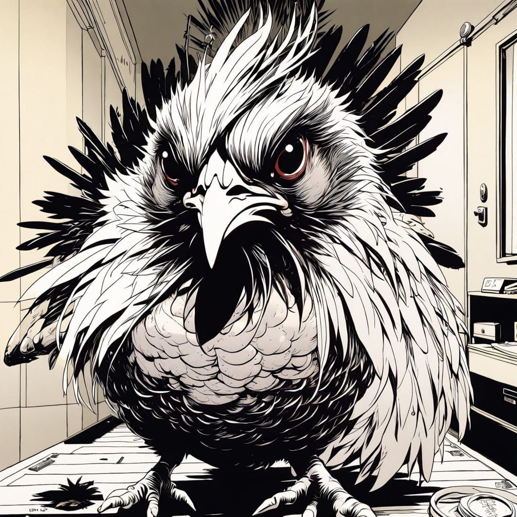 Grumpy Chicken in Motel Room, Anime Style