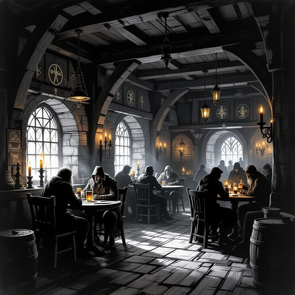 Ancient Tavern Sketch with Mysterious Symbols