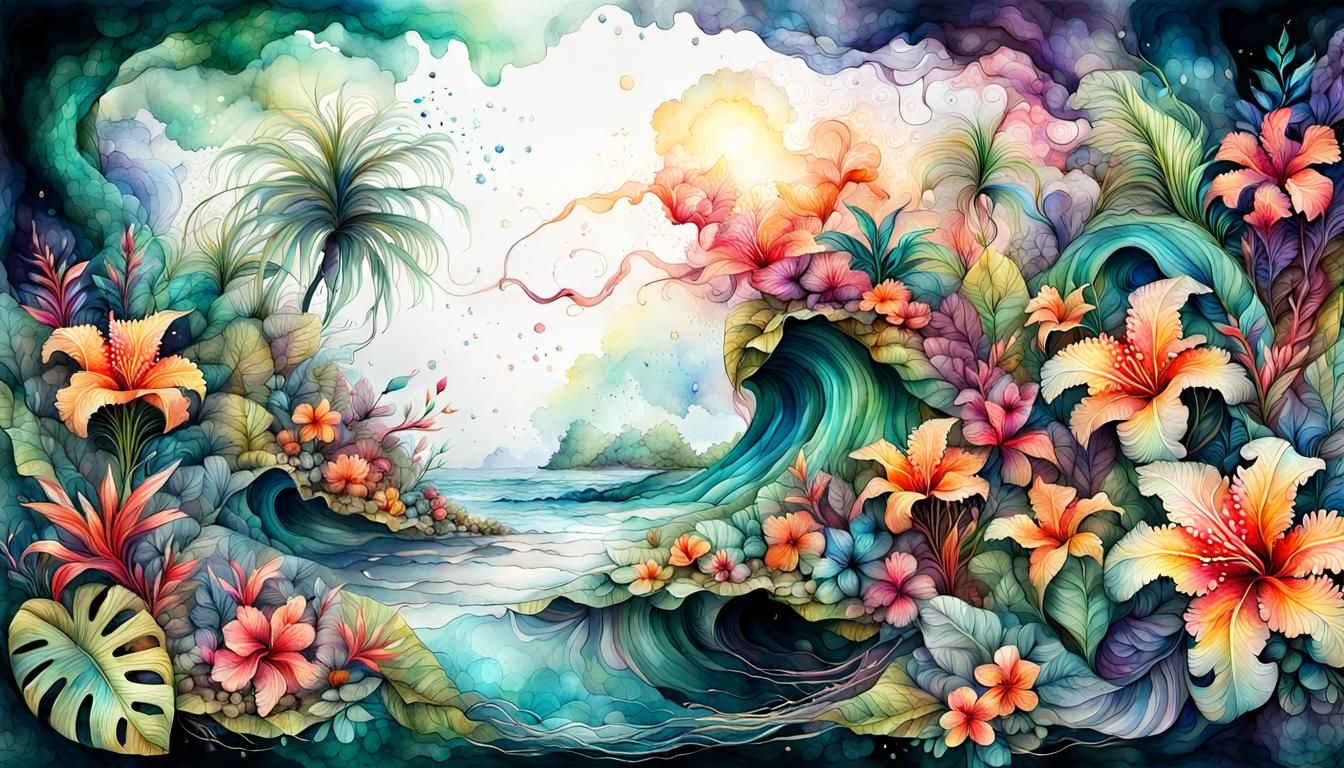 Lush Tropical Flowers with Hidden Path: Watercolor Art