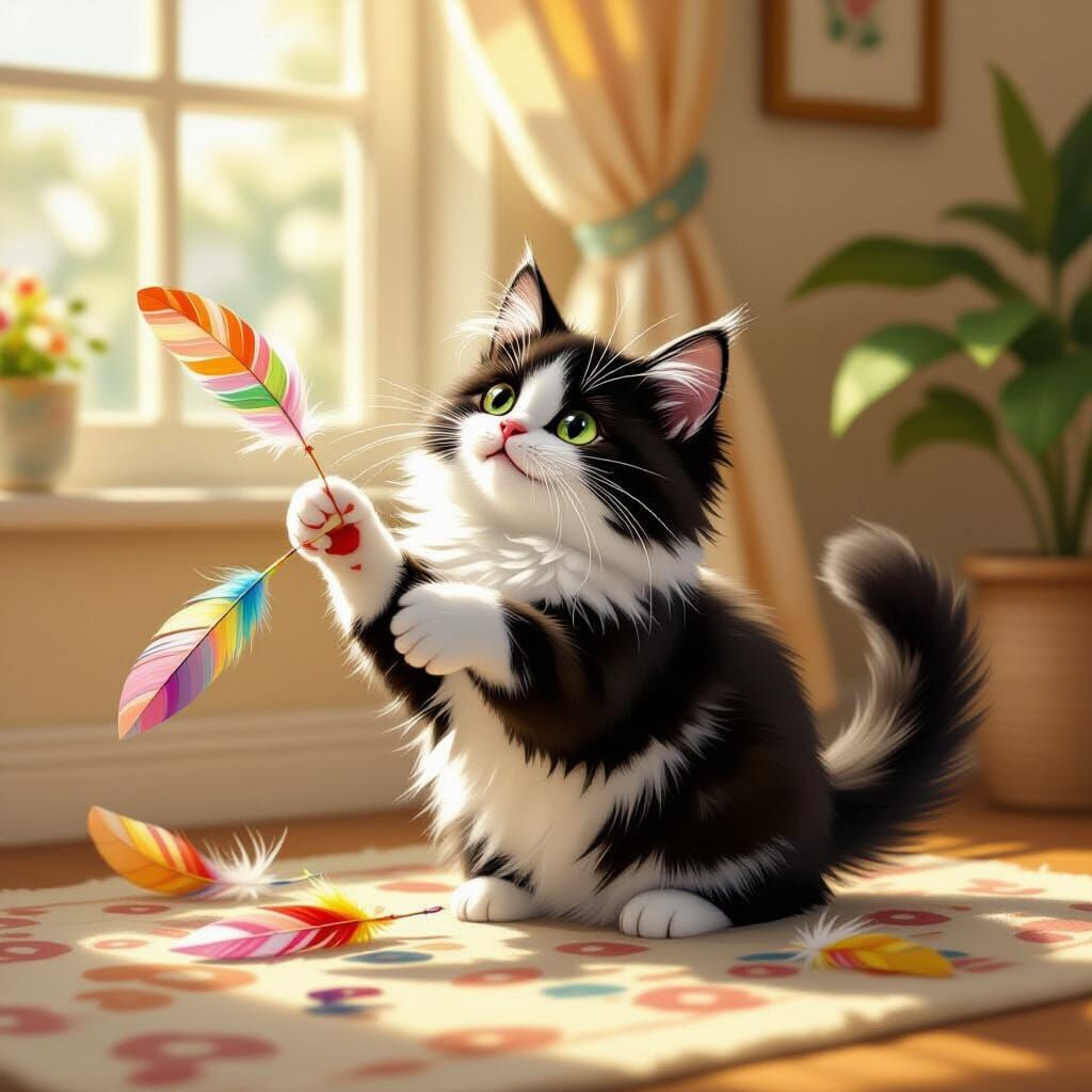 Whimsical Black and White Cat Plays with Feathered Toys