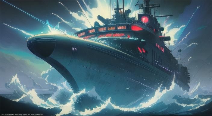 Cyberpunk Submarine Torpedo Attack in Anime Style
