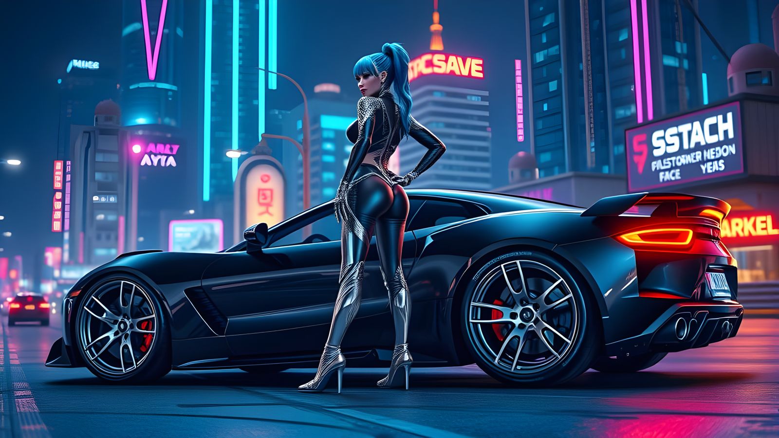 A Cyberpunk Goddess Admires Her Chrome Beast