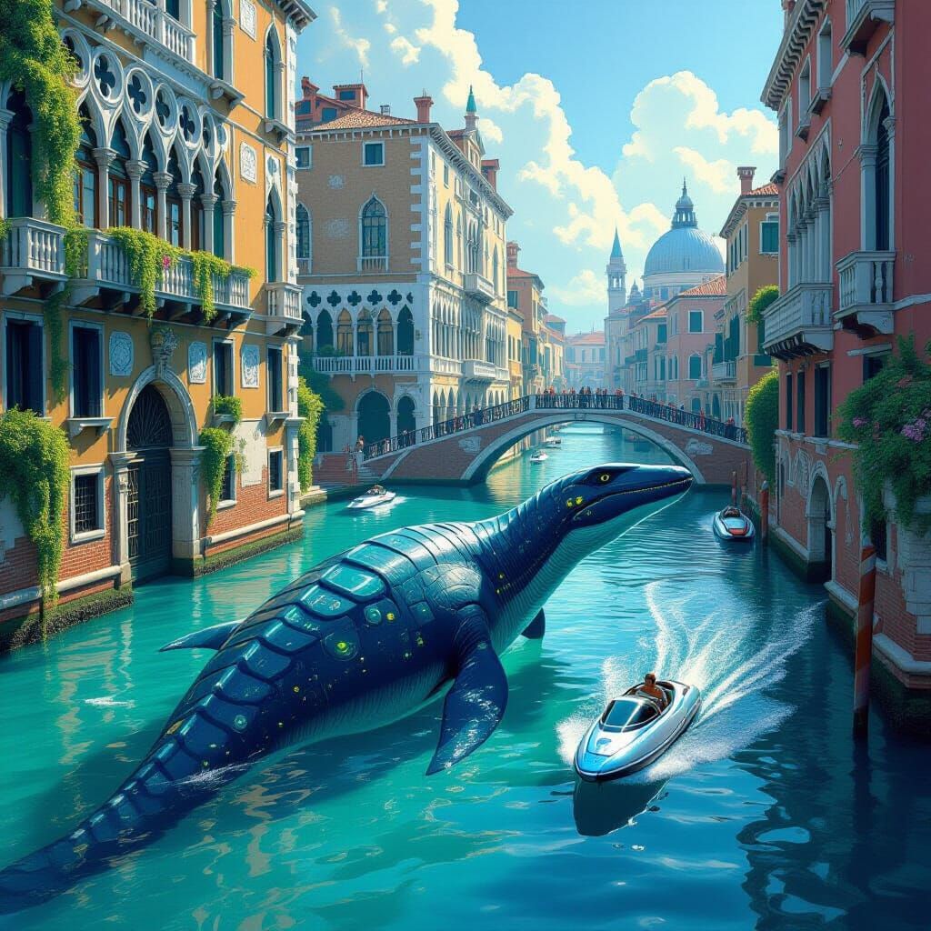 Plesiosaur in Sci-Fi Venice with Alien Flora