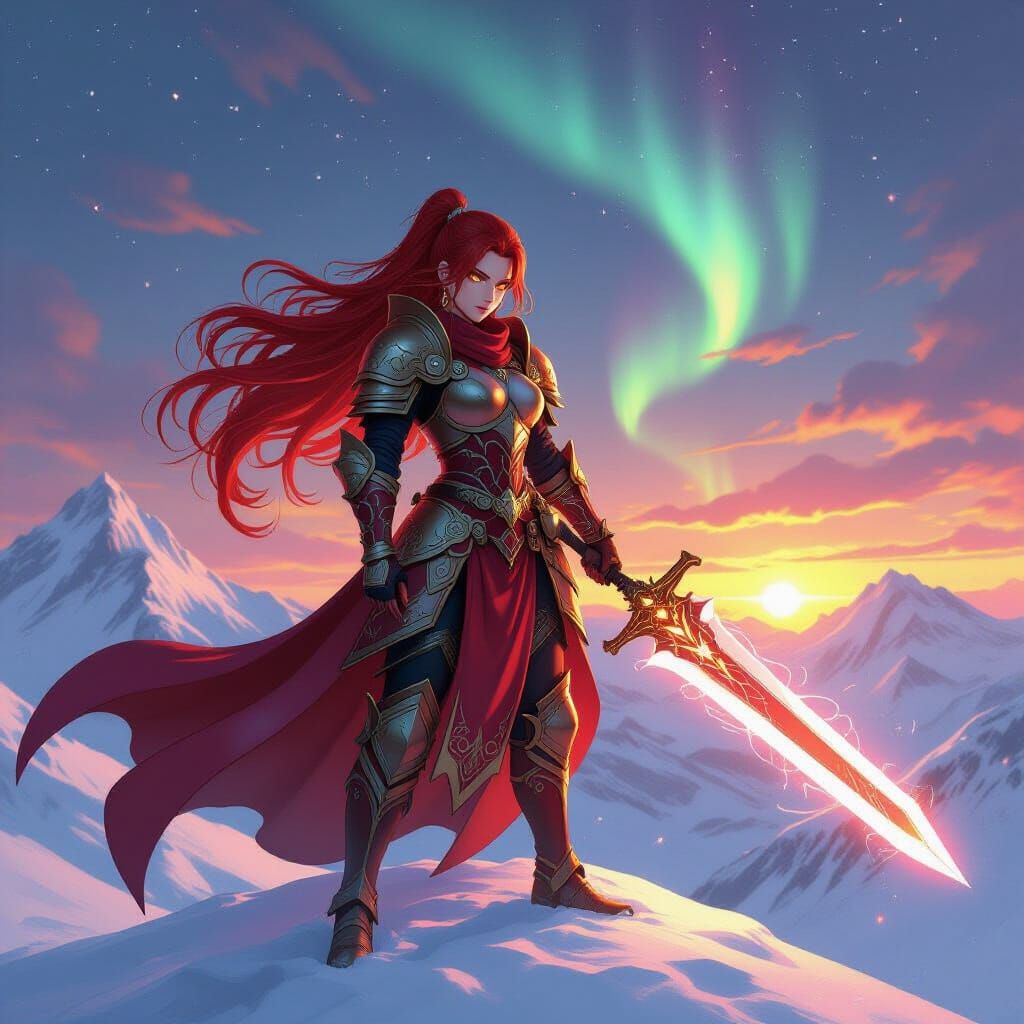 Anime-Style Knight with Dragon Armor on Mountain Peak