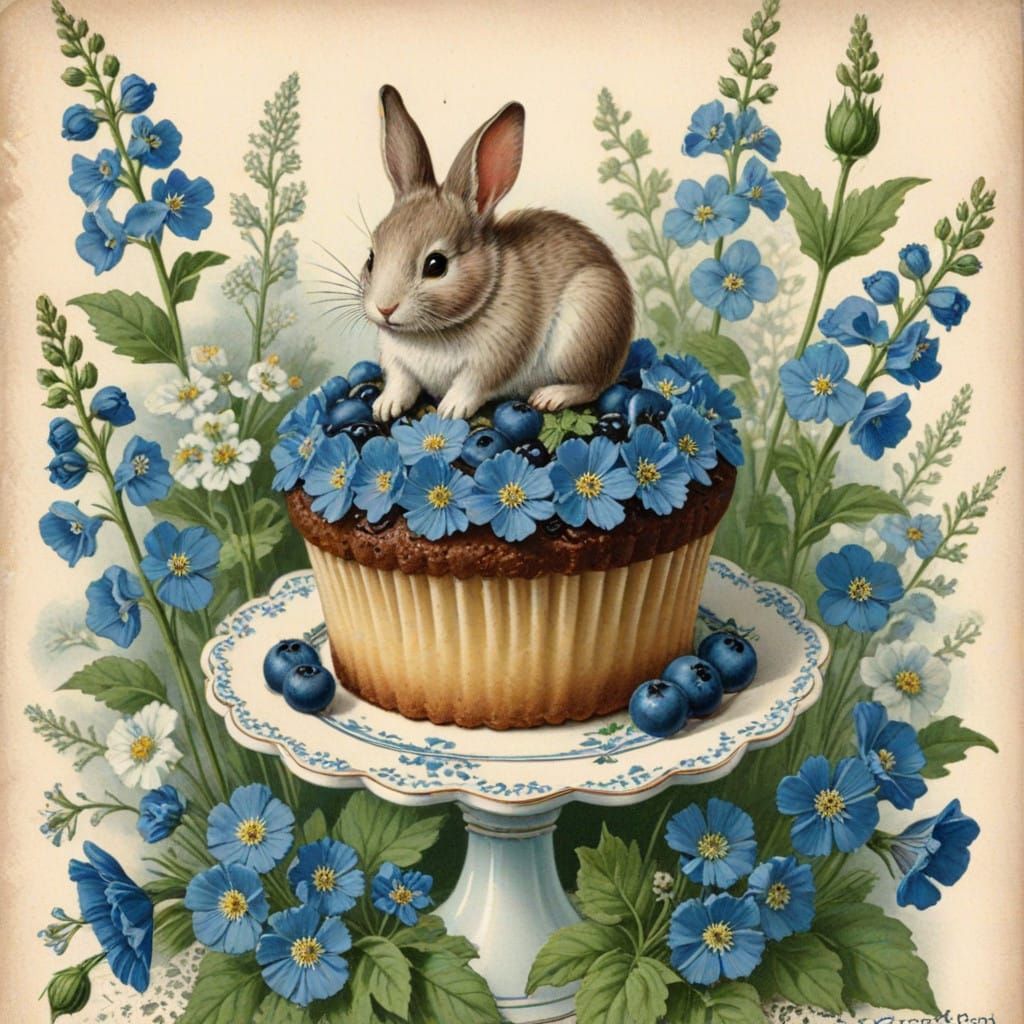 Vintage Floral Scene with Adorable Bunny and Blueberries