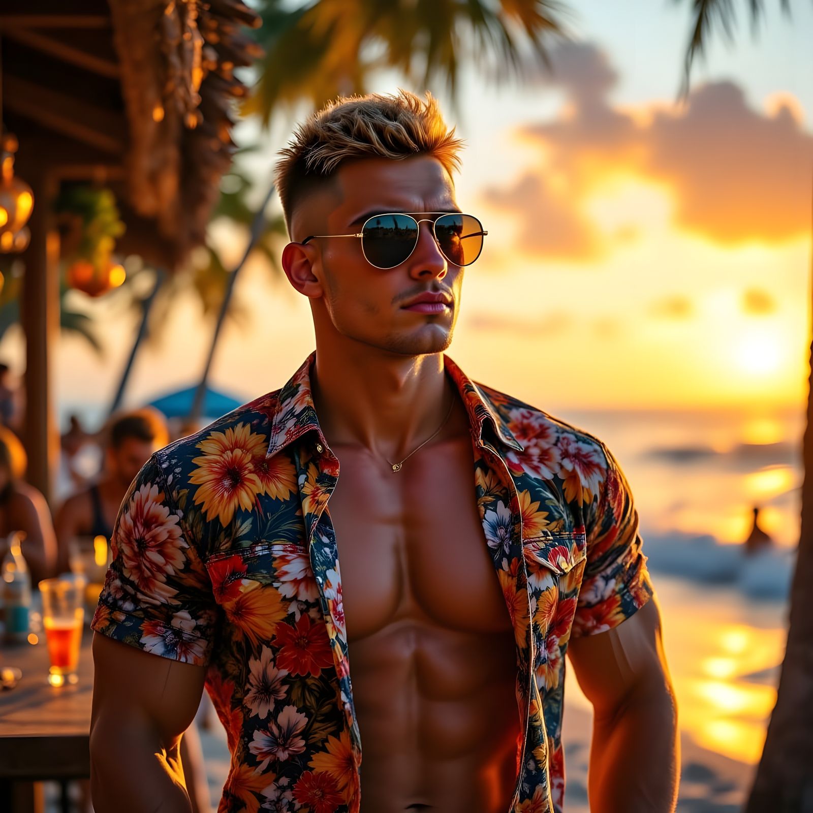 Stylish Individual at Beachside Bar, Inspired by Comic Book ...