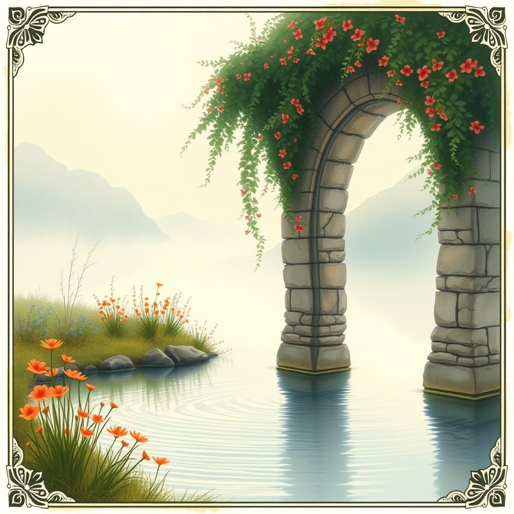 Stone Archway Overgrown with Wildflowers by Misty Lake at Da...