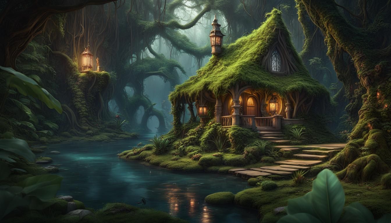 Fairy Cottage Deep in the Jungle, Detailed Matte Painting