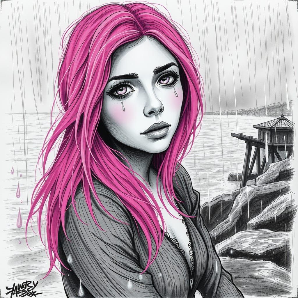 Pink Haired Woman Crying in the Rain, Charcoal Sketch