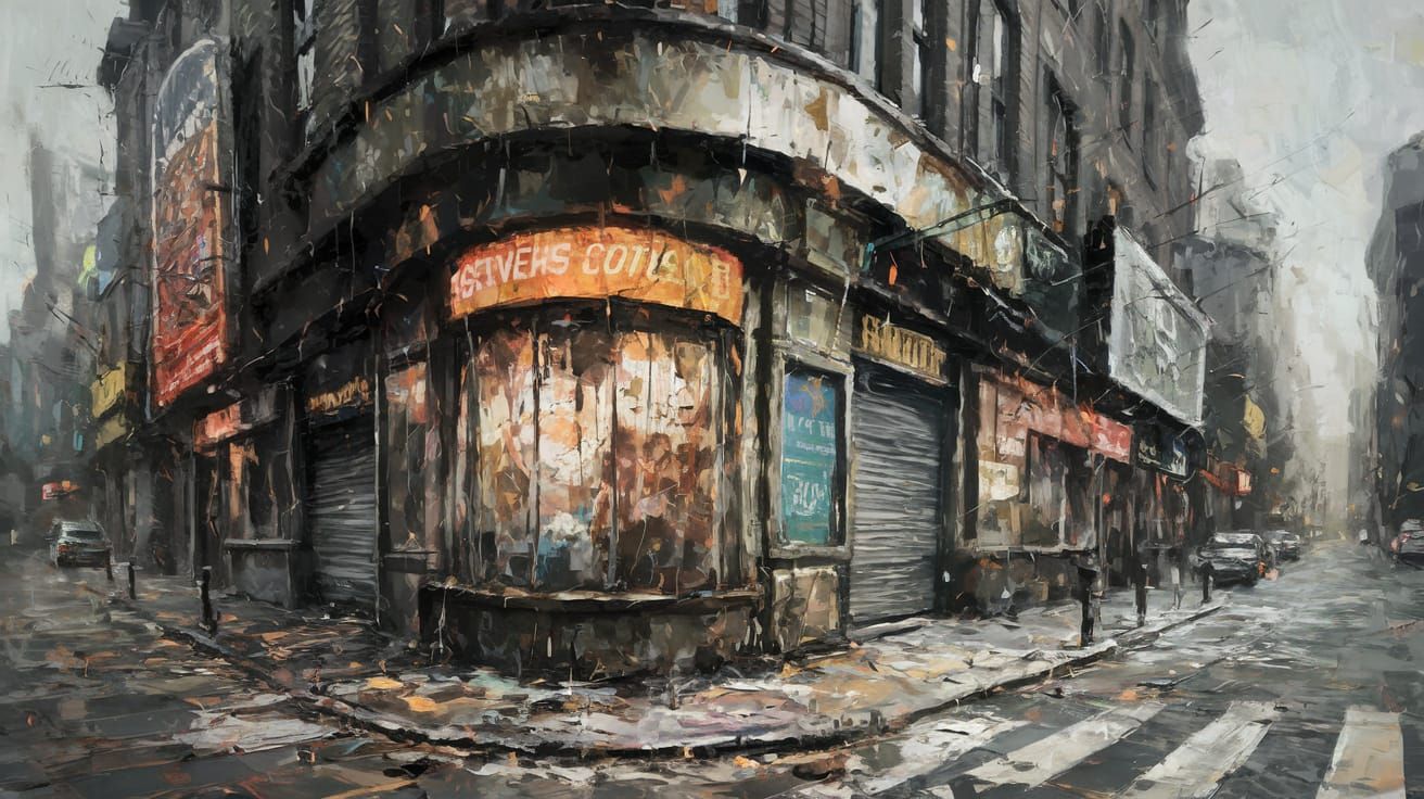 Gritty City Street Corner in Expressive Oil Brushwork