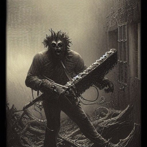 Horrifying Beast with Chainsaw in Dark Fantasy Style