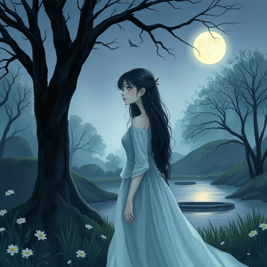 Serene Woman in Moonlit Garden