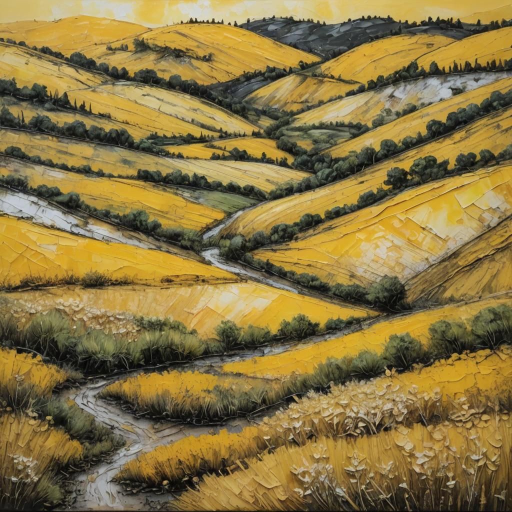 Textured Yellow Landscape in Encaustic Impasto Style