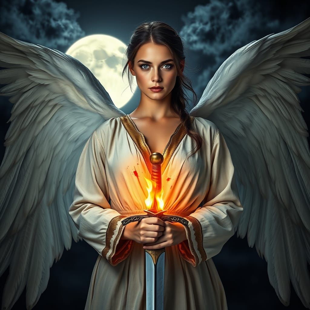 Battle-Scarred Angel Under Moonlight