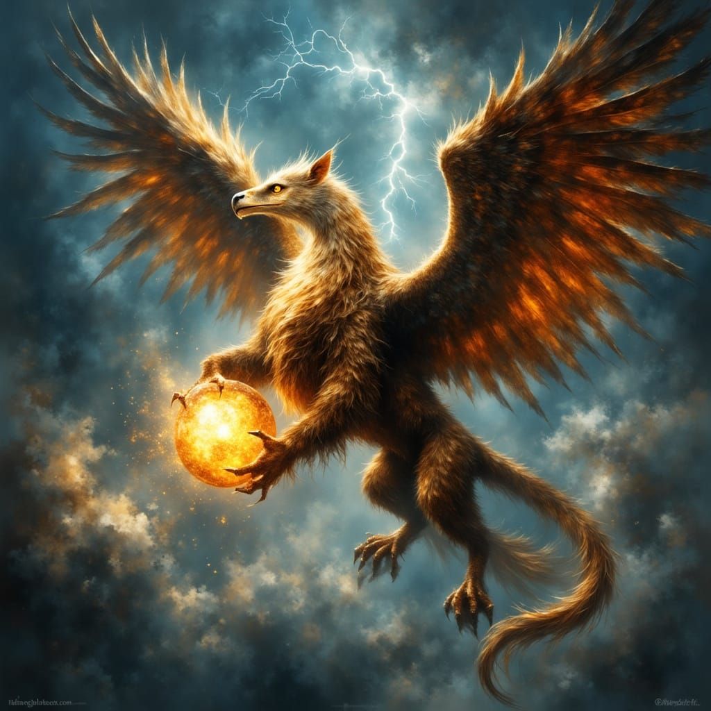 Majestic Griffin Soaring Through Stormy Sky