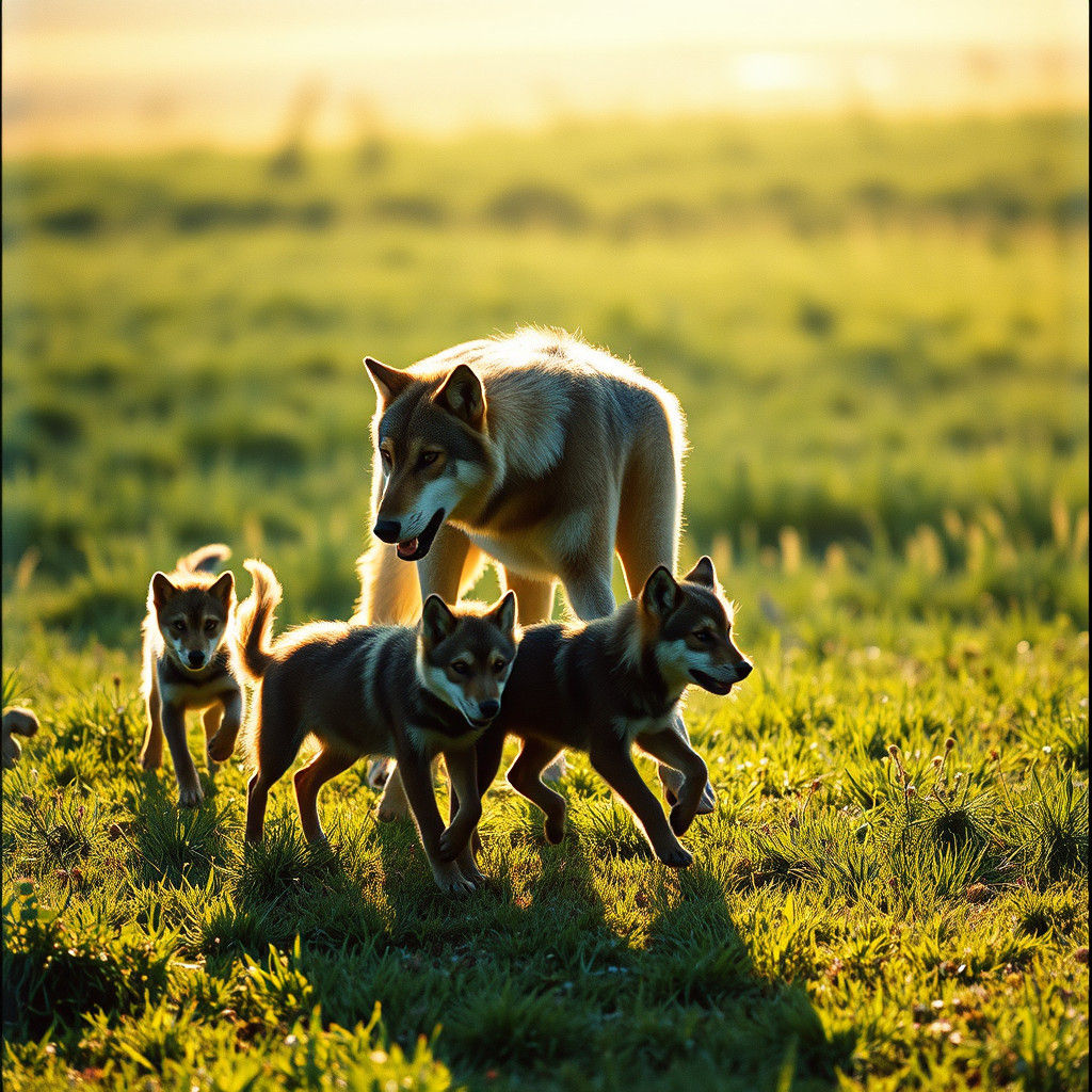 Wolf Mother and Pups Playing in Sunlit Meadow