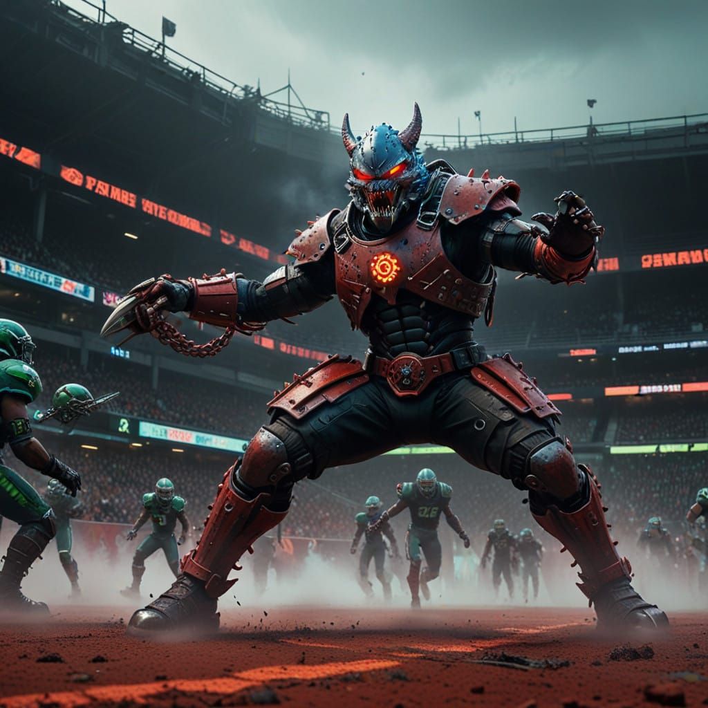 Cyberpunk Gridiron Battle in Neon-Lit Fog
