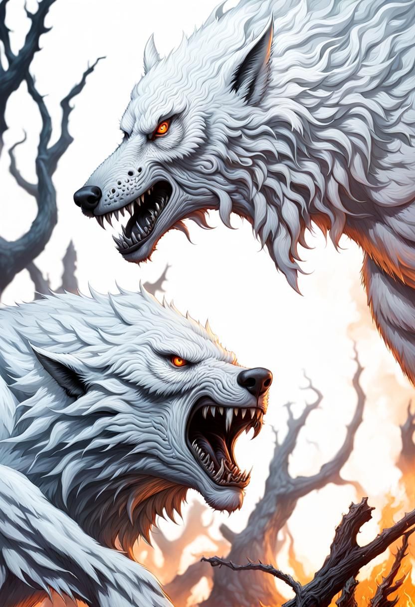 White Werewolf Battles Corrupted Spirits in Burning Forest
