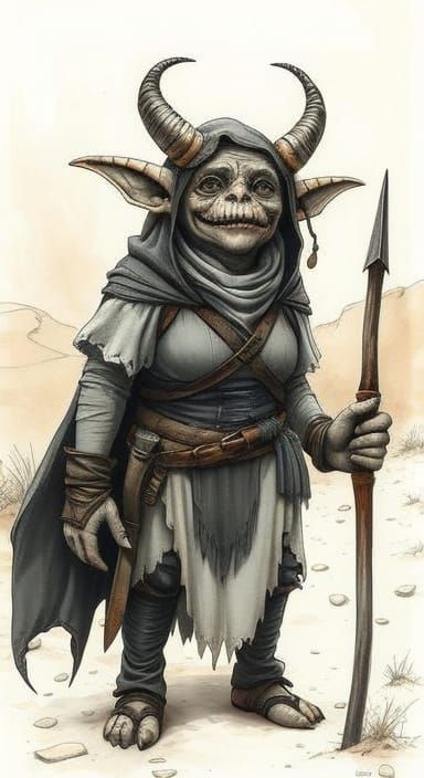 Goblin Bard in Desert, Sepia Watercolor Illustration