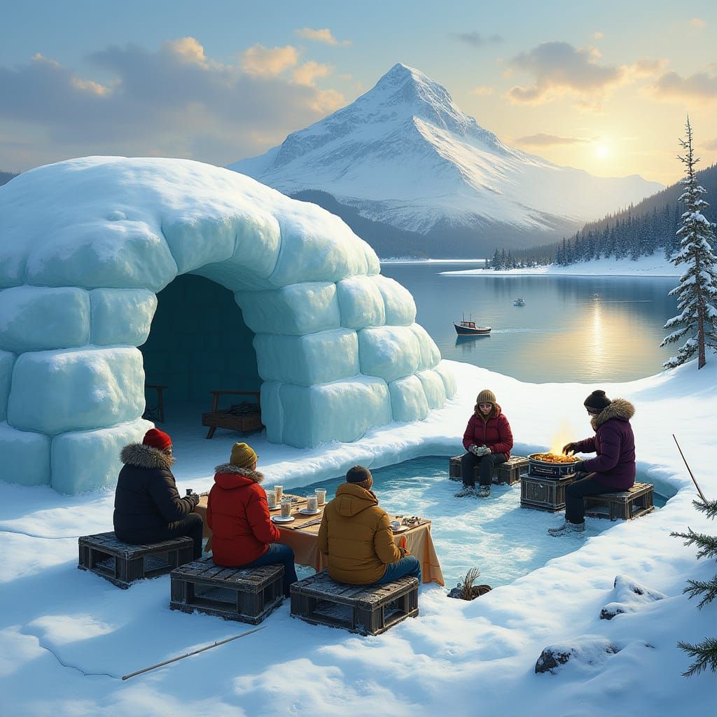 Alaskan Campers Fish by Ice Igloo at Sunset