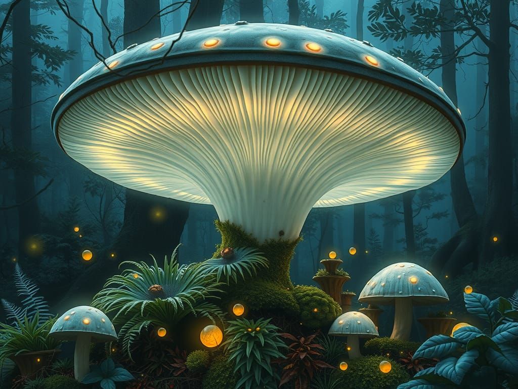 Luminescent Mushroom in Enchanted Forest, Surreal Dreamscape