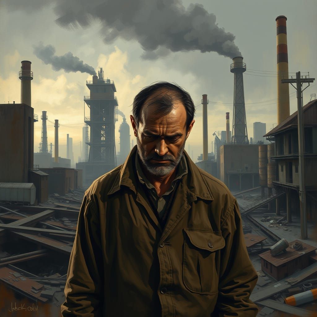 Working-Class Man in Desolate Industrial Landscape