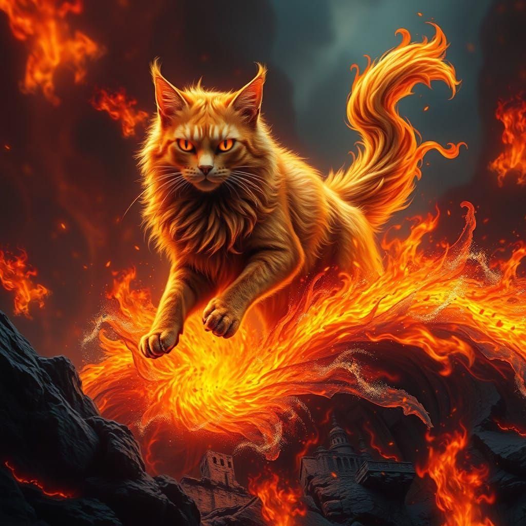 Majestic Feline Rides Infernal Wave in Cyberpunk Fantasy Art