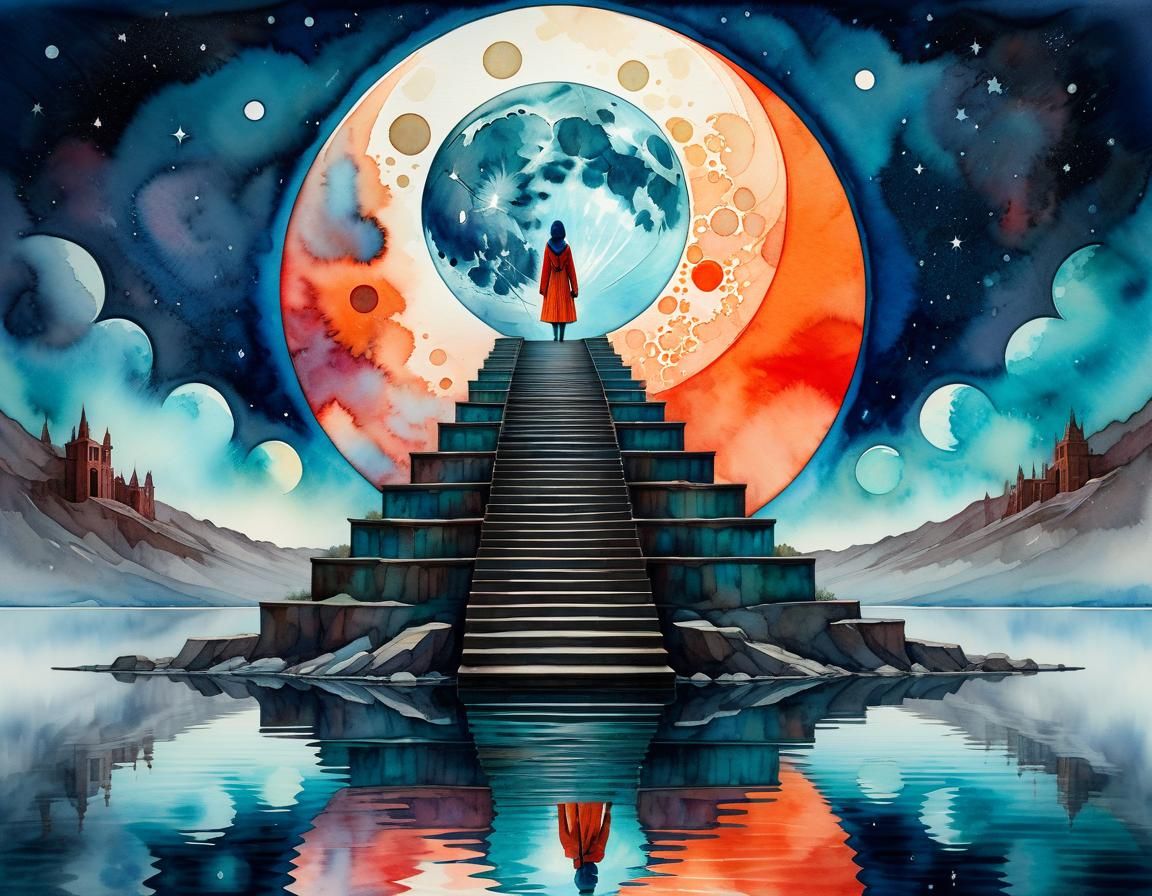 Infinite Staircase to Moon: Watercolor Dreamscape