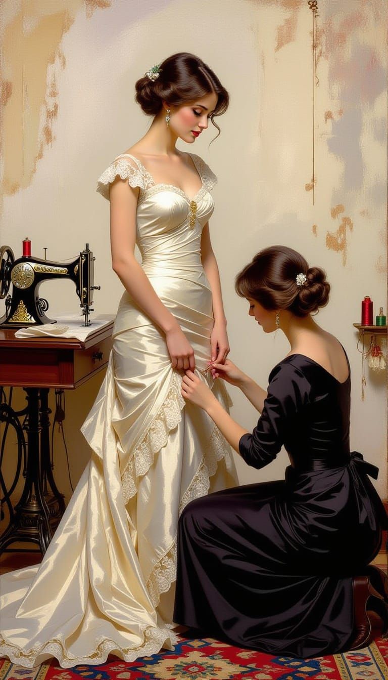 Seamstress Measures Woman for Bespoke Dress in Oil Painting ...