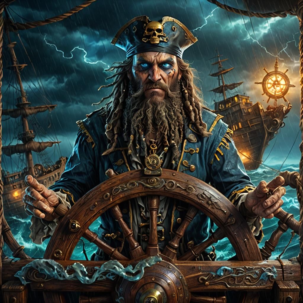 Undead Pirate Sailor at Stormy Sea, Digital Painting