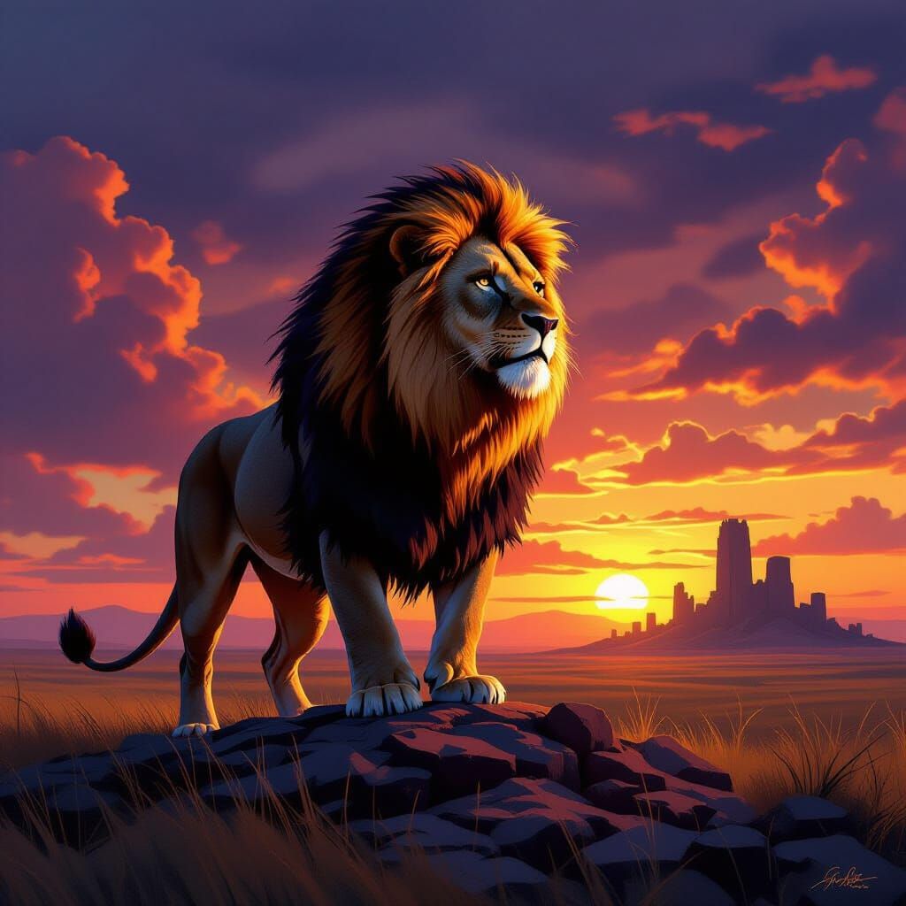 Majestic Lion on Windswept Savanna at Sunset