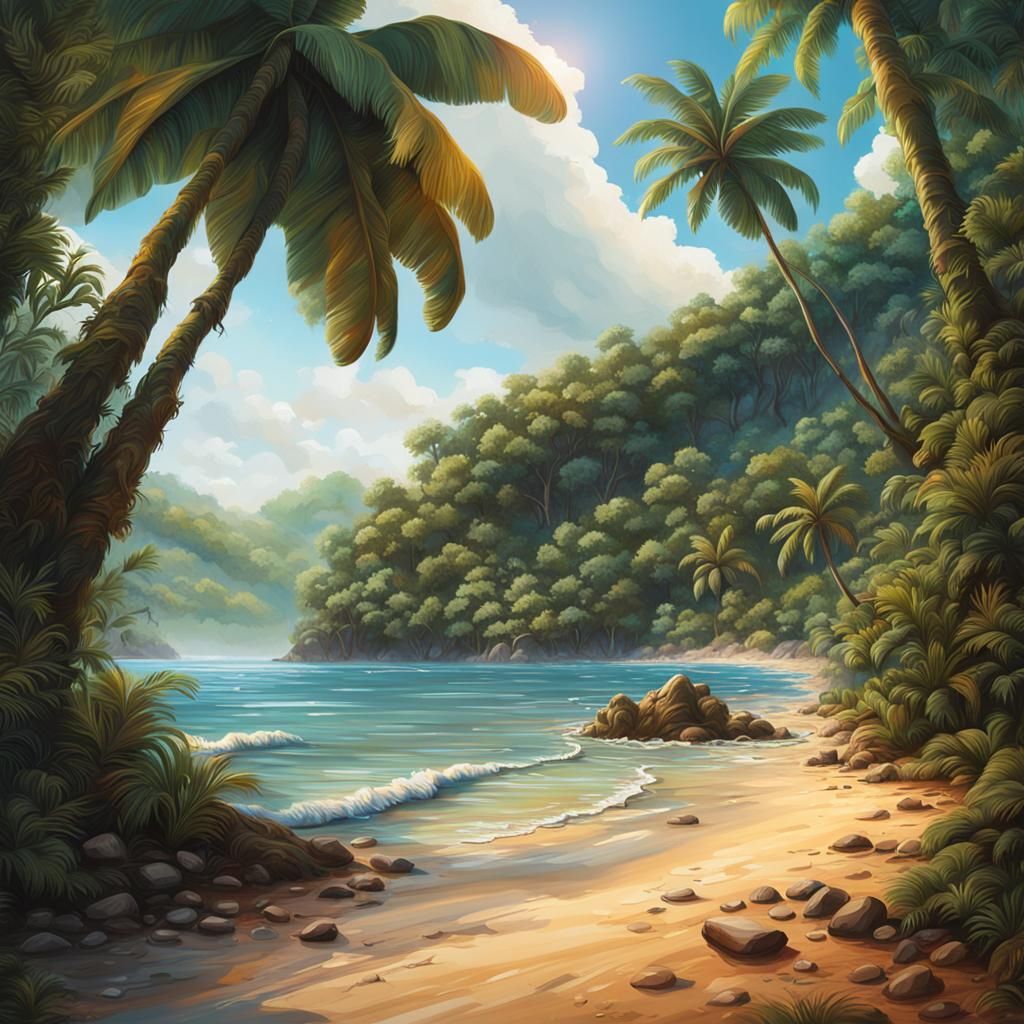Hyperrealistic Jamaican Beach and Jungle View